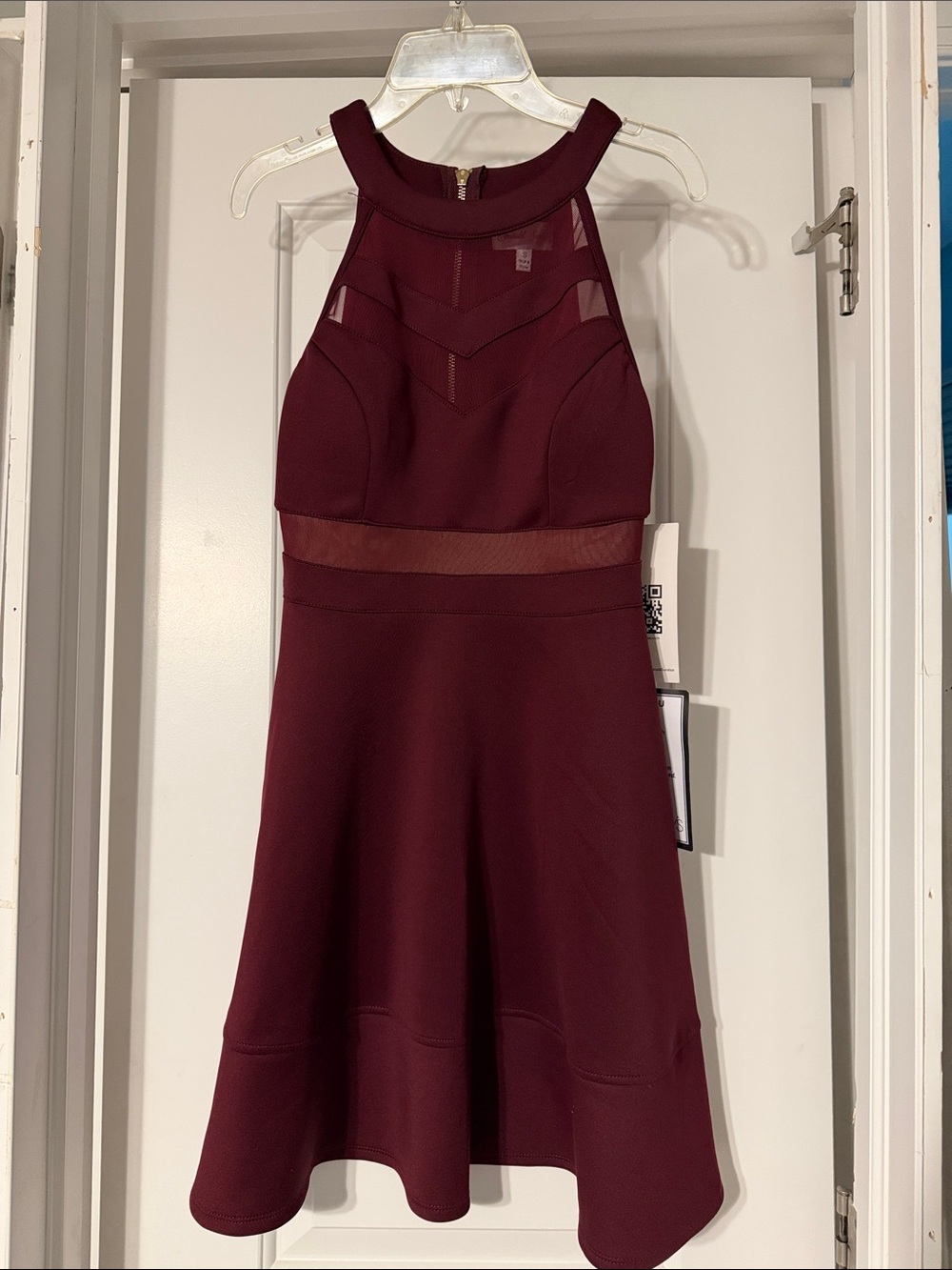 Emerald Sundae Burgundy Fit-and-Flare Midi Dress with Mesh Insets